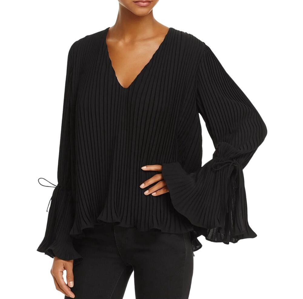 C/MEO Collective Blouse Revolve Black Pleated Long Bell Sleeve V-Neck Small